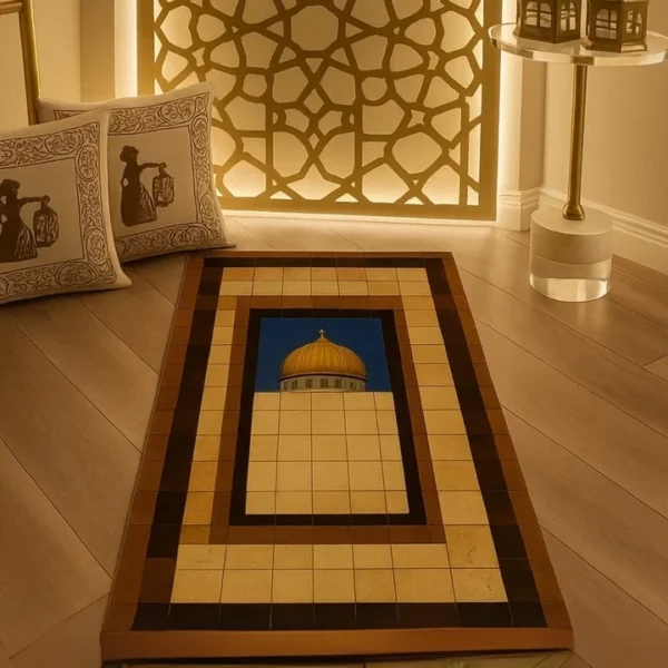 The Radiant prayer mat with dome design placed in a warmly lit Islamic interior