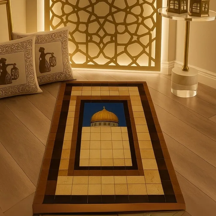 The Radiant prayer mat with dome design placed in a warmly lit Islamic interior