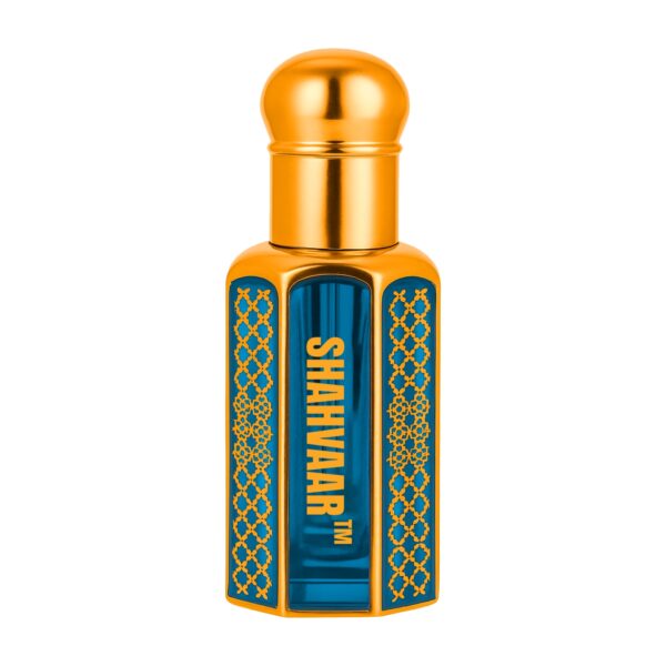 Shahvaar attar bottle in desert-inspired background with blue and gold design