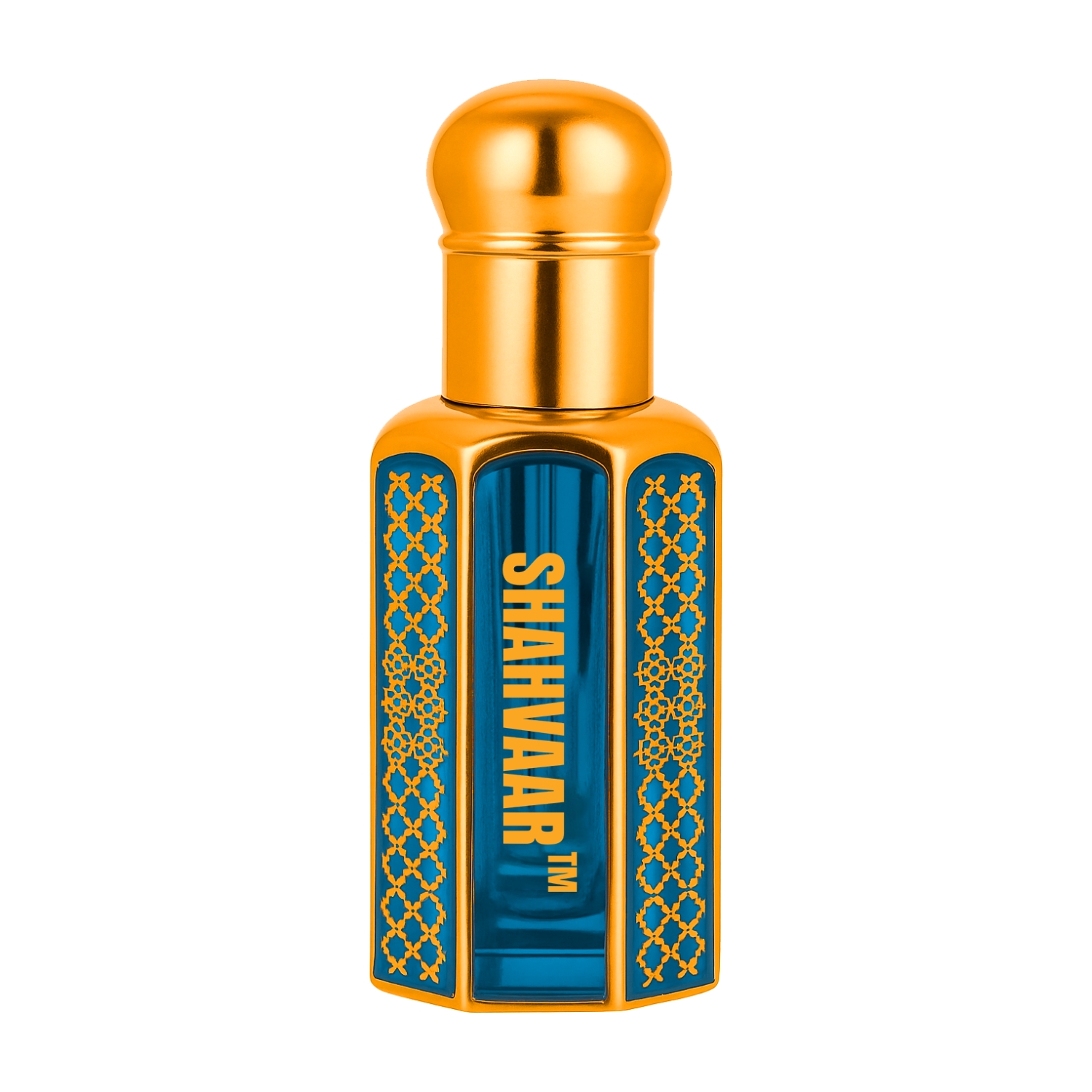Shahvaar attar bottle in desert-inspired background with blue and gold design