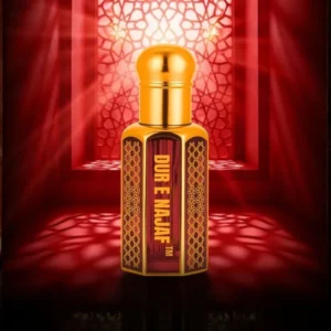 Dur-E-Najaf attar bottle displayed with rich red background and divine design aesthetics