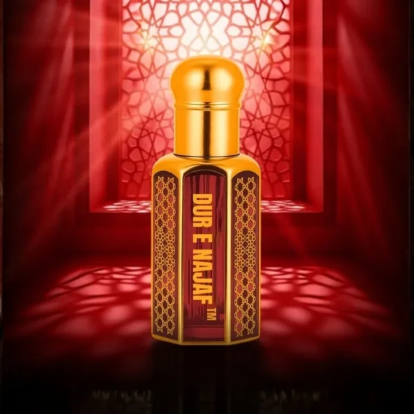 Dur-E-Najaf attar bottle displayed with rich red background and divine design aesthetics