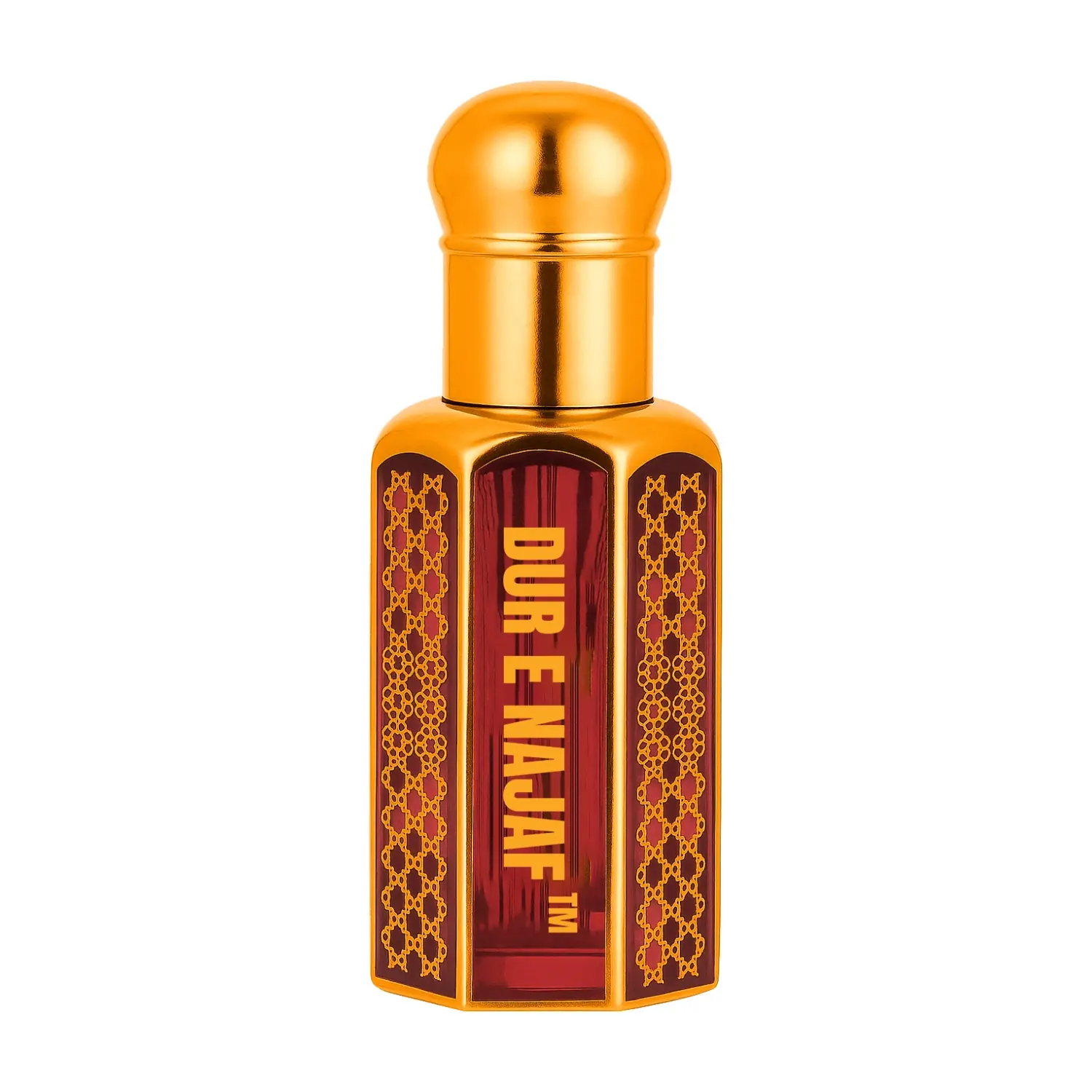 Dur E Najaf perfume bottle with gold cap and deep red glass design showcasing premium oriental fragrance