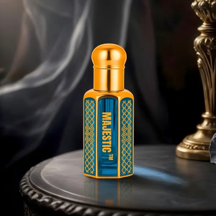 Shahvaar attar bottle in desert-inspired background with blue and gold design