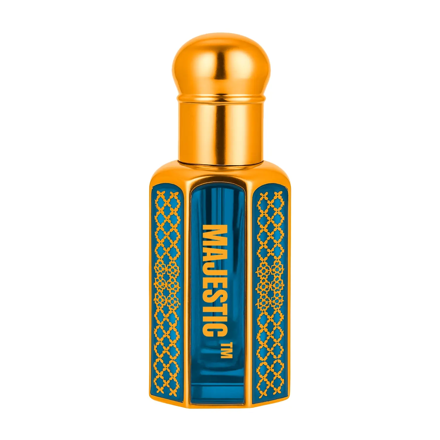 Majestic perfume bottle with gold cap and elegant blue glass design representing luxury and freshness