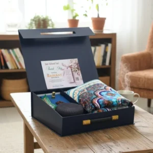 The Radiant premium gift box with prayer essentials and attar bottle on wooden table