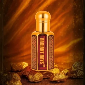 Radiant Rays attar bottle with golden glow and elegant packaging symbolizing luxury fragrance