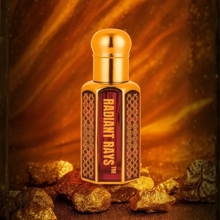 Radiant Rays attar bottle with golden glow and elegant packaging symbolizing luxury fragrance