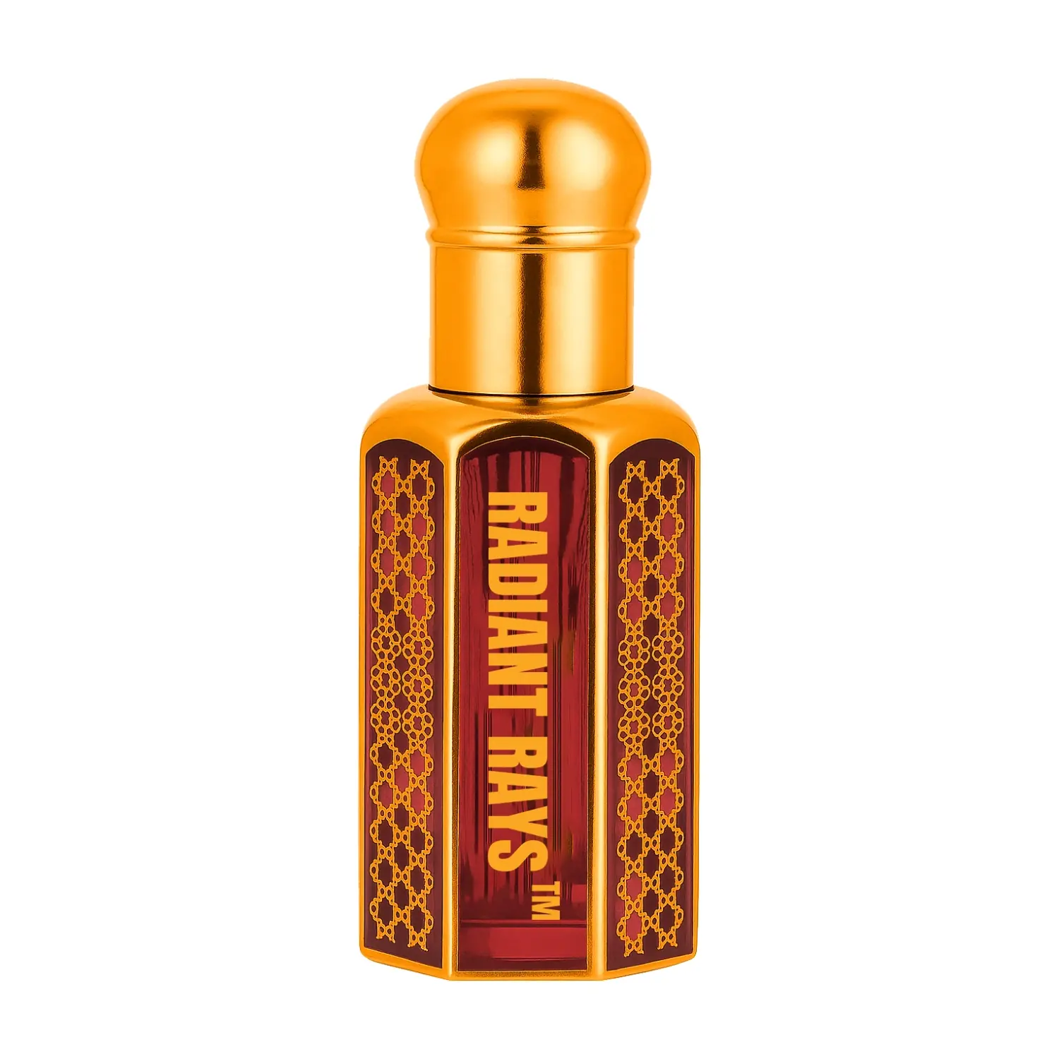 Radiant Rays perfume bottle with golden cap and red glass design symbolizing luxury and passion