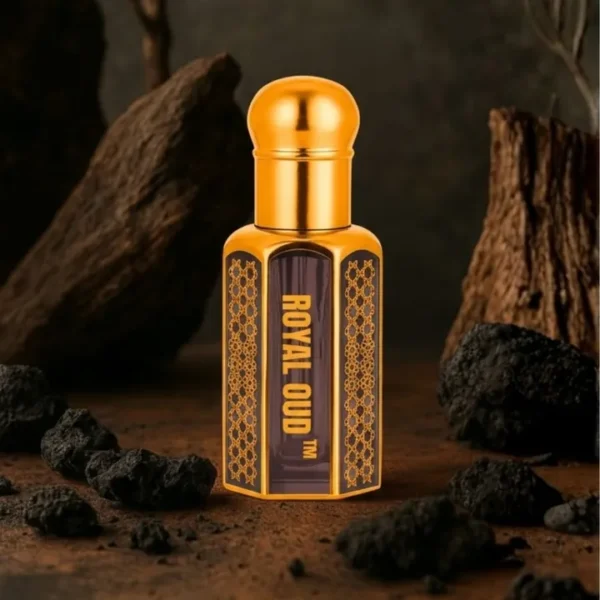 Royal Oud attar bottle set among oud wood pieces representing deep oriental fragrance