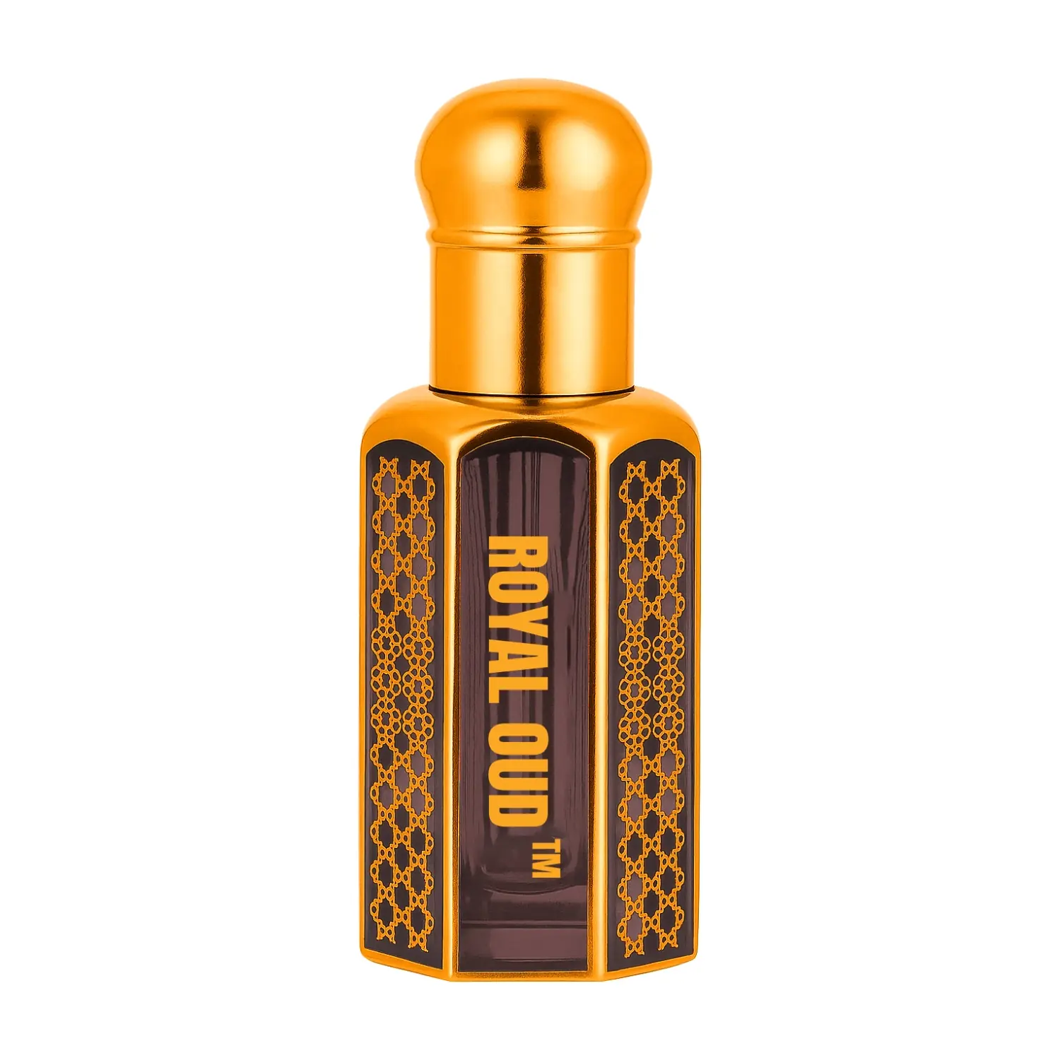 Royal Oud perfume bottle with gold cap and intricate design representing luxury fragrance