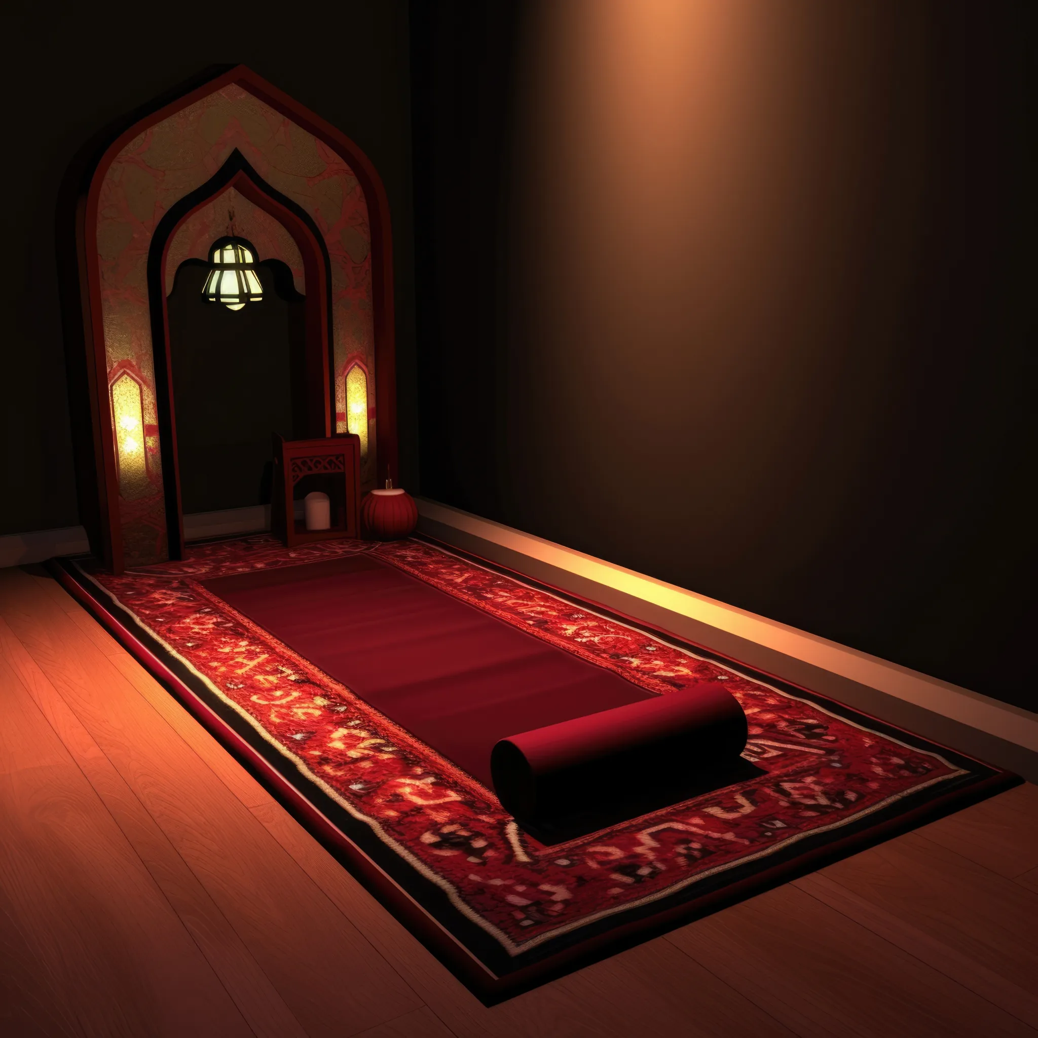Elegant red prayer mat with Islamic arch lighting in a peaceful prayer corner