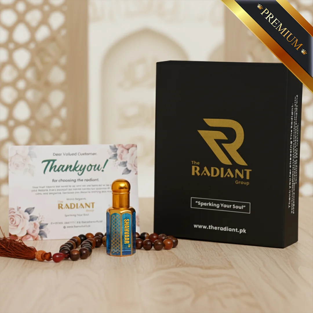 The Radiant Group premium gift box with Shahvaar attar bottle, thank you card, tasbih, and premium label