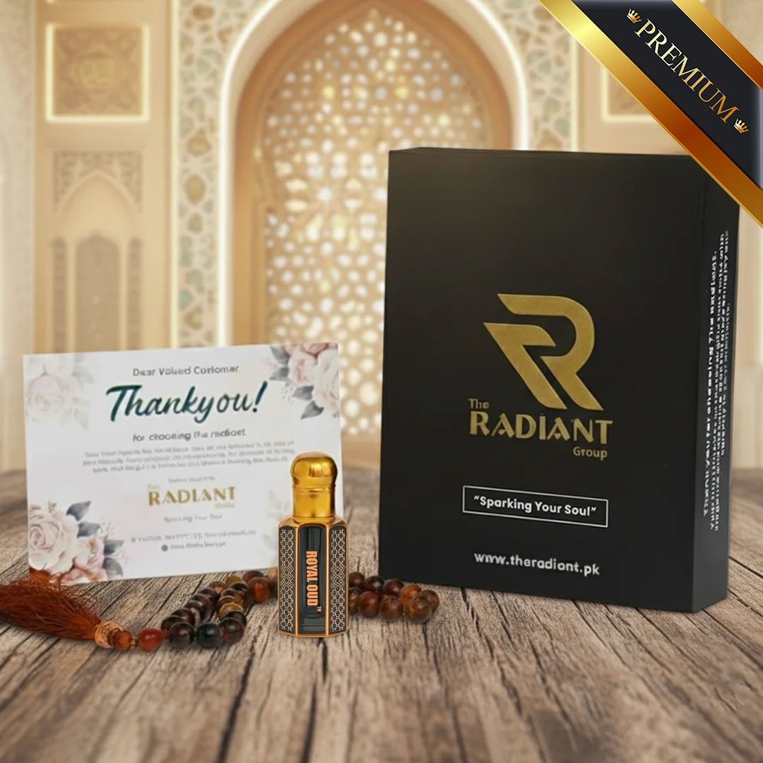 The Radiant Group premium gift box with attar bottle, thank you card, tasbih, and premium gold label