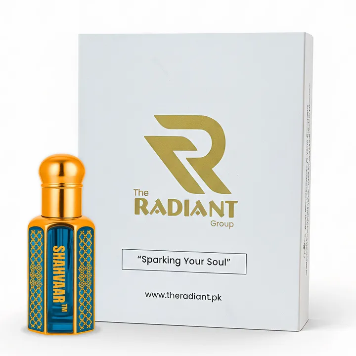 Shahvaar attar premium gift box and perfume bottle by The Radiant Group featuring blue and gold design